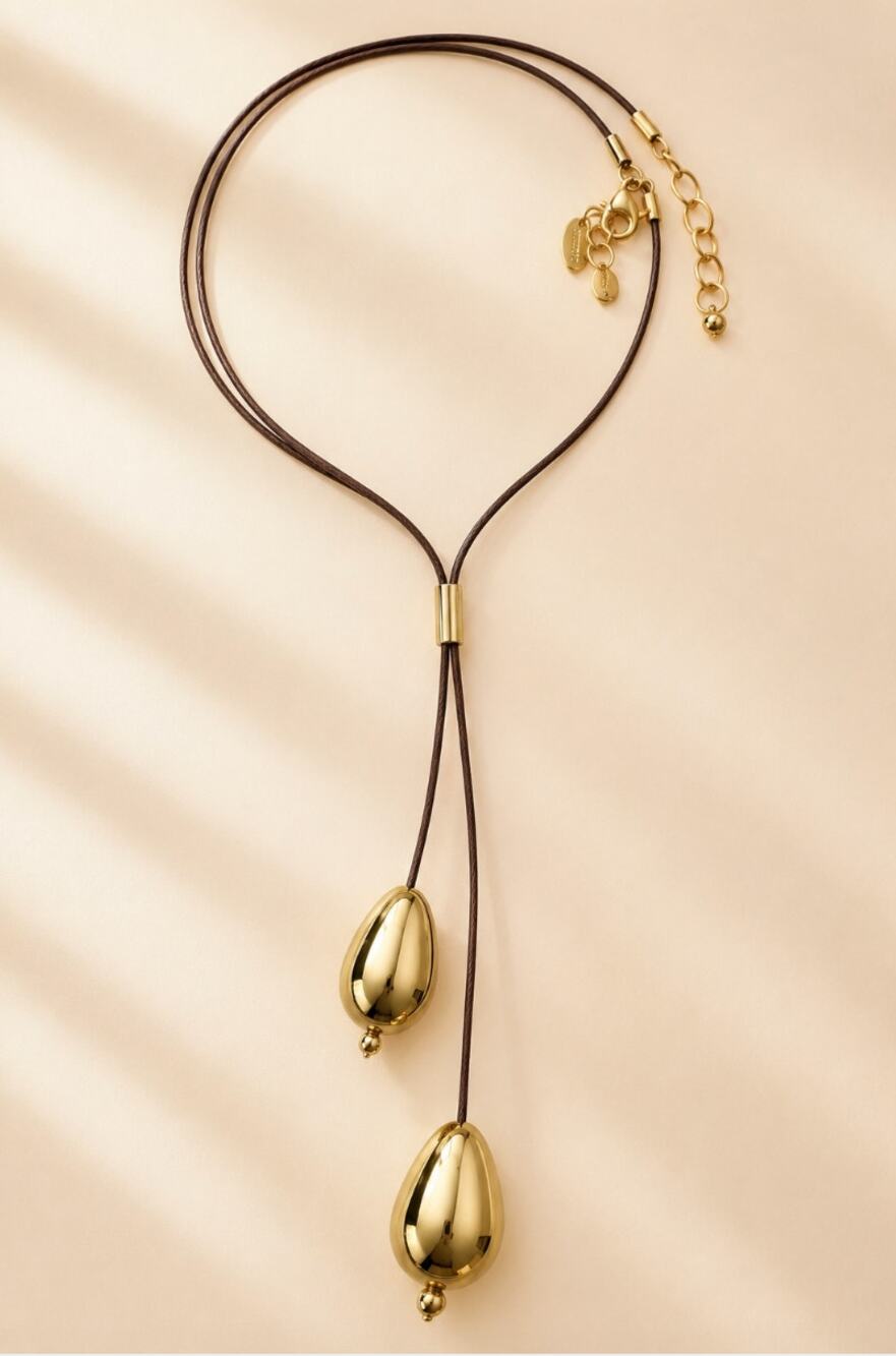 Chico's Gold Tone Teardrop Lariat Y Necklace Brown Cord Adjustable Necklace EUC